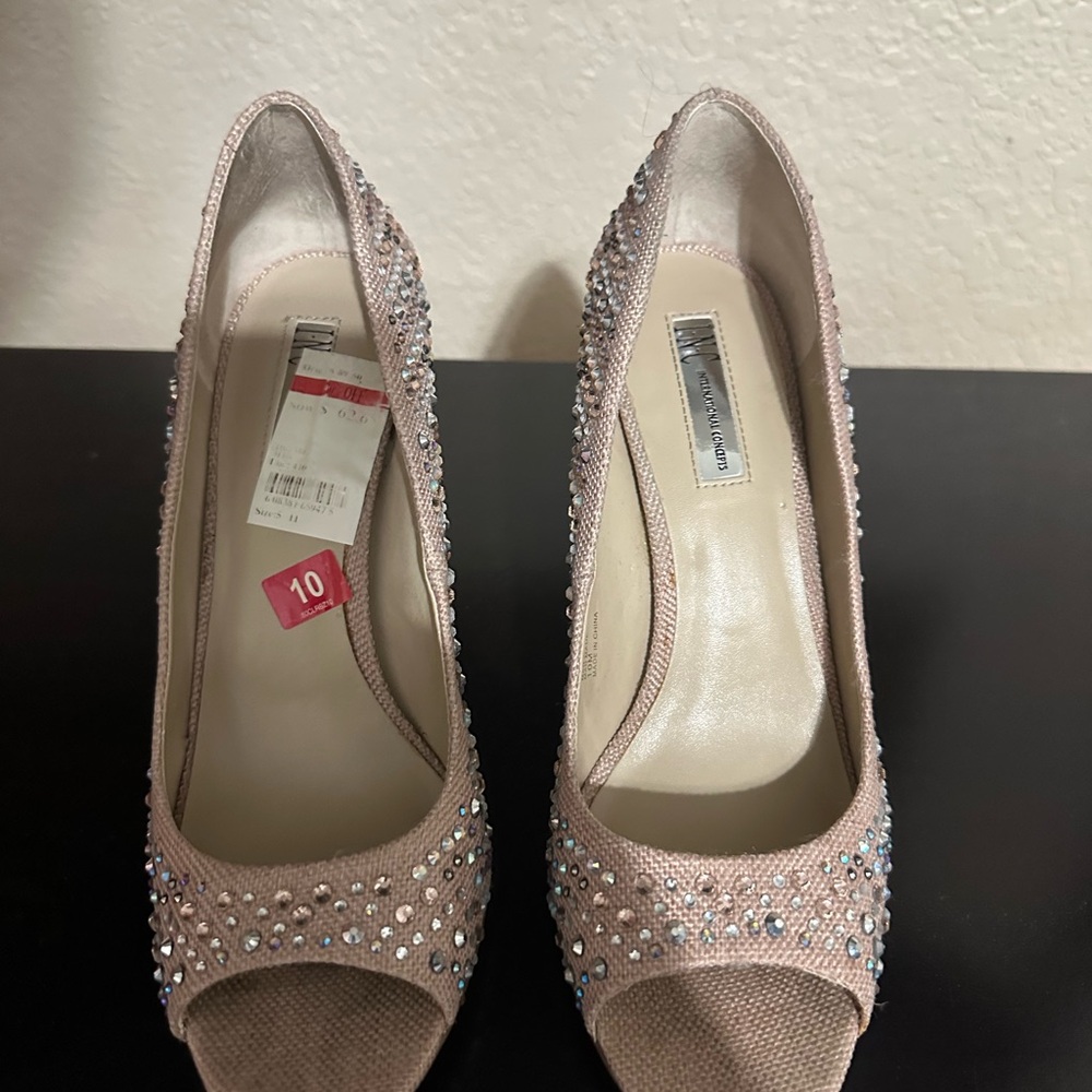 INC International Concepts Embellished Peep Toe Heels in Tan